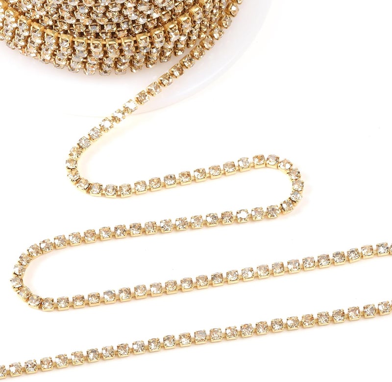 Rytenz 10 Yards 2 MM Rhinestone Chain Trim Crystal Rhinestone Close Chain Trim, for Sewing Crafts, DIY Decoration, Jewelry, Clothing, Shoes (Golden Champagne) - Image 2